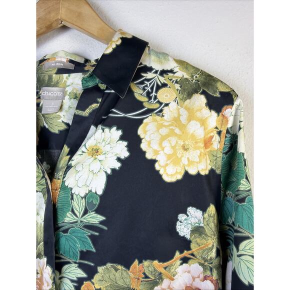 Chico's XL 16 18 Button Down Shirt Long Sleeve black No Iron Floral victorian - Picture 4 of 9